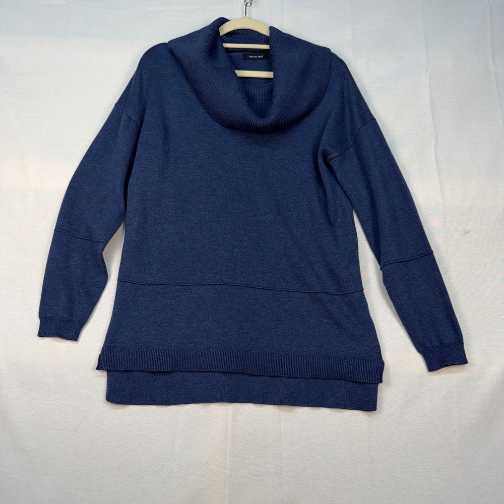 Verve Ami Navy Blue Cowl Neck Tunic Sweater Small Rayon Blend Pullover